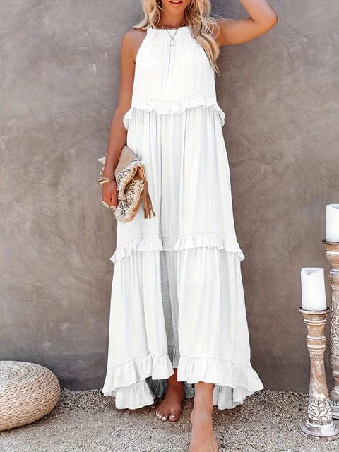 pennlegalprocess Boho Dress, Beach Dress, Summer Dress, Maxi Dress, Chic Dress, Long Dress, Below knee dress, Sun Dress Boho Ruffle Pullover Summer Maxi Dress White / S