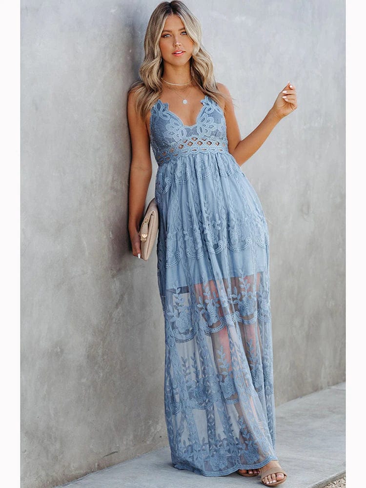 pennlegalprocess Dress, Maxi Dress, Long Dress, Spaghetti Strap Dress, Beach Dress, Wedding Dress Blue / S Spaghetti Strap Lace Boho Maxi Dress