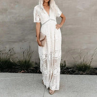 pennlegalprocess Dress, Maxi Dress White Lace Short Sleeve Boho Maxi Dress White / S