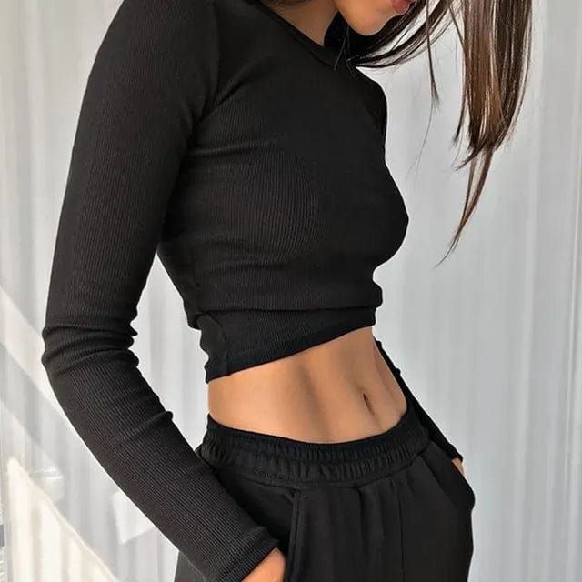 pennlegalprocess Long Sleeve Crop Top Black / S Ribbed Long Sleeve Casual Crop Top Shirt