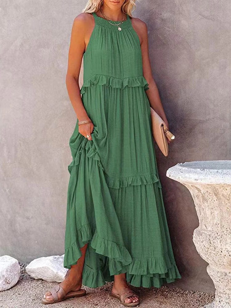 pennlegalprocess Boho Dress, Beach Dress, Summer Dress, Maxi Dress, Chic Dress, Long Dress, Below knee dress, Sun Dress Boho Ruffle Pullover Summer Maxi Dress Green / S