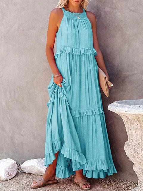 pennlegalprocess Boho Dress, Beach Dress, Summer Dress, Maxi Dress, Chic Dress, Long Dress, Below knee dress, Sun Dress Boho Ruffle Pullover Summer Maxi Dress Light Blue / S