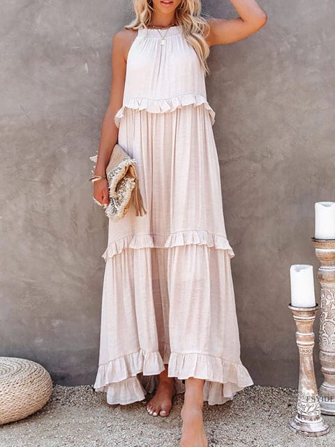 pennlegalprocess Boho Dress, Beach Dress, Summer Dress, Maxi Dress, Chic Dress, Long Dress, Below knee dress, Sun Dress Boho Ruffle Pullover Summer Maxi Dress Light Pink / S