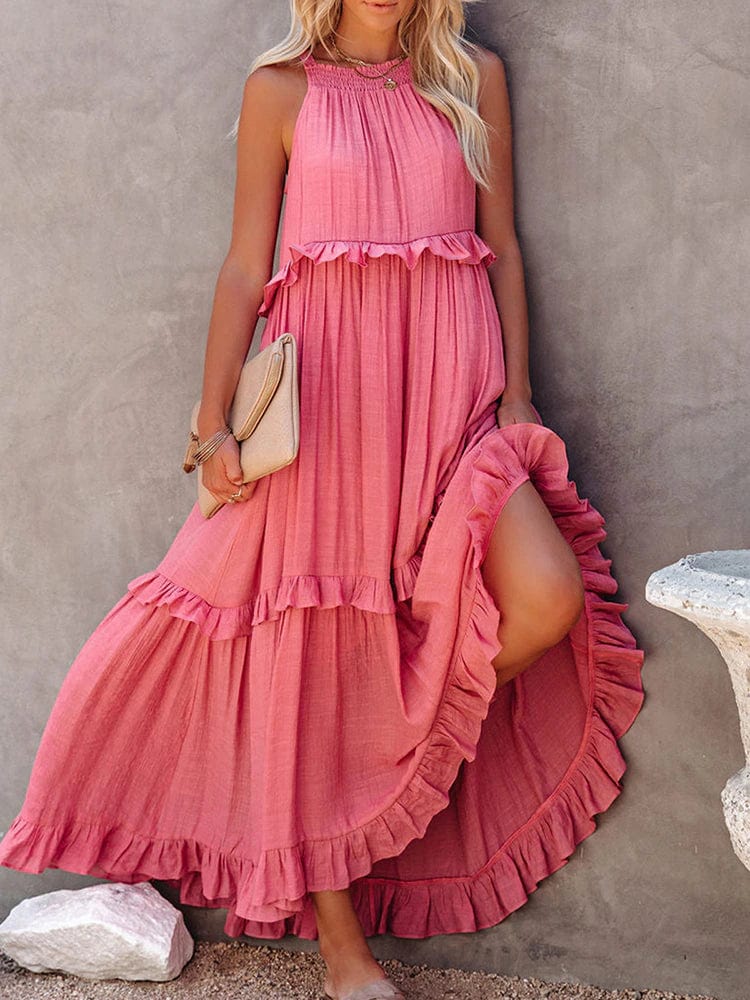 pennlegalprocess Boho Dress, Beach Dress, Summer Dress, Maxi Dress, Chic Dress, Long Dress, Below knee dress, Sun Dress Boho Ruffle Pullover Summer Maxi Dress Pink / S